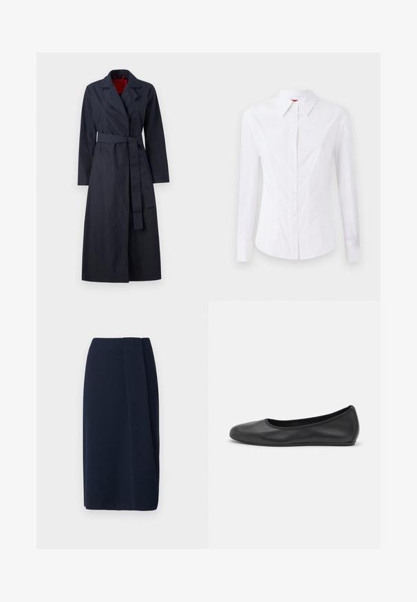 MAX&Co. TECNOLONG - Trenssi - navy; Valkoinen pitkähihaine paita, jossa on terävä kaulus, edessä napitus ja muotoiltu malli. Sileä puuvillakangas, jossa on hienovaraisia ompeluyksityiskohtia.; Tummansininen lyhyempi kynähame, jossa on sileä pinta ja sivuhapsut. Valmistettu pehmeästä kankaasta, hameessa on suora muotoilu ja polven mittainen leikkaus.; Musta nahkainen ballerina, jossa on pyöristetty kärki, sileä pinta, minimaalinen ommelkoristelu ja joustava pohjamuotoilu.
