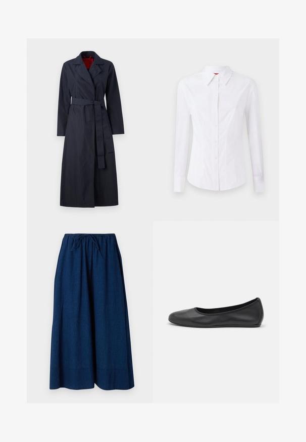 MAX&Co. TECNOLONG - Trenchcoat - navy; Hvit langermet skjorte med spiss krage, frontlukking med knapper og figurnær design. Glatt bomullsstoff med subtile søm detaljer.; Marineblå culotter med vid ben-design, laget av lett stoff. Har en elastisk midjebånd med snøring for justerbar passform.; Svart skinnballettflatt med rund tå, glatt tekstur, minimal sømdetalj, og et fleksibelt såledesign.