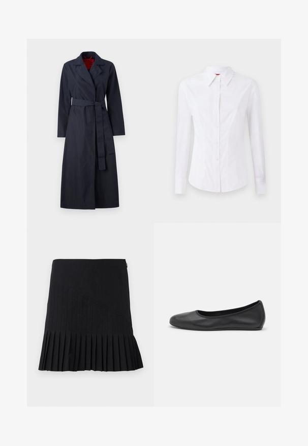 MAX&Co. TECNOLONG - Trentšmantel - navy; Valge pikkade varrukatega särk terava kraega, ees nupuga kinnitatud ja keha lähedalt lõigatud. Sile puuvillane kangas peente õmblusdetailidega.; Mustmustritsiga must seeliku, millel on õmblusteta diagonaalsed paneelid, keha lähedal ja paisuv alus. Materjalid näivad kerge ja siledana.; Musthave mustika tantsutossud mustast nahast, ümmarguse varbaga, siledast tekstuurist, minimaalse õmblusdetailiga ja paindliku tallakujundusega.