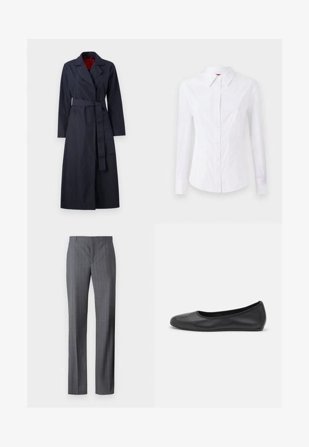 MAX&Co. TECNOLONG - Trenčkot - navy; Bílé dlouhé rukávy košile s špičatým límcem, předním zapínáním na knoflíky a přiléhavým střihem. Hladká bavlněná tkanina s jemnými detaily šití.; Šedé proužkované kalhoty vyrobené z hladké látky, s rovně seříznutým střihem, plochým předním dílem a bez viditelných kapes nebo ozdob.; Černé kožené baletní byty s kulatou špičkou, hladkou texturou, minimálními švy a flexibilním designem podrážky.