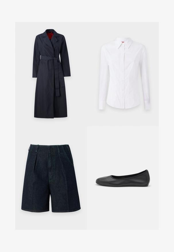 MAX&Co. TECNOLONG - Ballonkabát - navy; Fehér, hosszú ujjú ing, hegyes gallérral, elöl gombos záródással és szűkített fazonnal. Sima pamut anyag, finom varrási részletekkel.; Sötét mosású farmer rövidnadrág, pliszékkel, oldalsó zsebekkel és kontrasztos zöld varrással az összes varrat mentén.; Fekete bőr balettcipő lekerekített orral, sima tekstúrával, minimális varrással és rugalmas talp kialakítással.