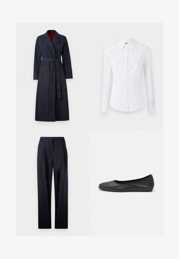 MAX&Co. TECNOLONG - Lietpaltis - navy; Balta ilga rankovė marškiniai su smailiu apykakle, priekyje su mygtukų uždarymu ir prigludusiu dizainu. Lygus medvilnės audinys su subtiliais siuvimo detalėmis.; OFFICINE GENERALE NEW SOPHIE FRESCO - Kelnės - dark navy; Juodai odiniai baletai su apvaliu pirštu, lygi texture, minimalus siuvimo detales ir lanksčiu padų dizainu.