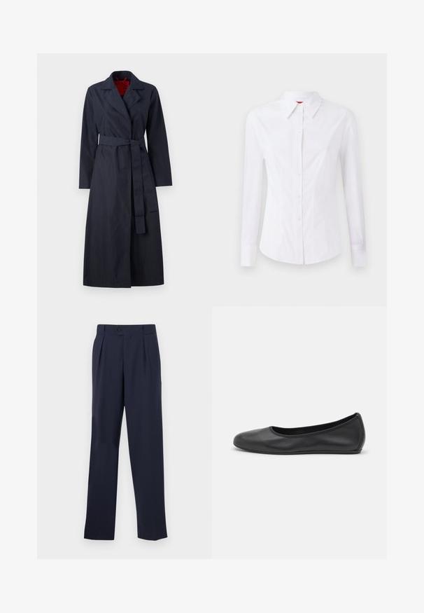 MAX&Co. TECNOLONG - Trenchcoat - navy; Hvit langermet skjorte med spiss krage, frontlukking med knapper og figurnær design. Glatt bomullsstoff med subtile søm detaljer.; Mørkeblå tilpassede bukser med rett ben, med knappestenging, folder foran og en glatt tekstur.; Svart skinnballettflatt med rund tå, glatt tekstur, minimal sømdetalj, og et fleksibelt såledesign.