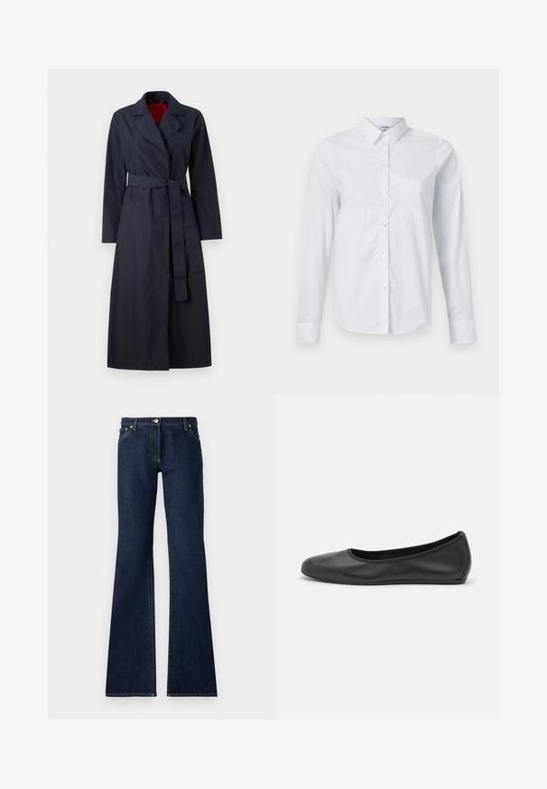 MAX&Co. TECNOLONG - Trenchcoat - navy; White long-sleeve dress shirt made of cotton. Features a button-down front, pointed collar, and a chest pocket on the left side.; Dark blue flared jeans made of denim, featuring a five-pocket design, belt loops, and contrasting yellow stitching along the seams.; Black leather ballet flat with a rounded toe, smooth texture, minimal stitching detail, and a flexible sole design.