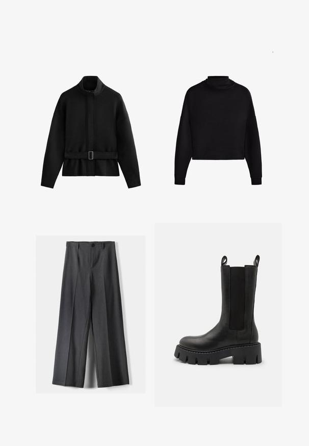Czarny, oversize sweter z wysokim kołnierzem, przednim suwakiem i paskiem w talii. Miękka tekstura z długimi, lekko opadającymi rękawami.; Czarna, długa, sportowa bluzka z krótkim rękawem i wysokim kołnierzem, z prążkowanymi ściągaczami, zaprezentowana na białym tle.; Spodnie o szerokich nogawkach w ciemnoszarym kolorze, z zapięciem na guzik, plisami z przodu i szlufkami na pasek. Gładka faktura z dopasowanym krojem.; Czarne skórzane botki za kostkę z elastycznymi panelami bocznymi, uchwytami do zakupu, grubą, żłobioną podeszwą i wzmocnionymi detalami szwów. Powierzchnia ma gładką teksturę.