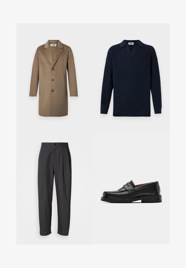Bruine wollen overjas met een notch-lapel, drie knopen, zijzakken en een gladde textuur. Op maat gemaakte pasvorm met een klassiek ontwerp.; Marineblauwe geribbelde trui met V-hals, korte kraag en lange mouwen. Gemaakt van zacht materiaal met een gestructureerde afwerking.; Donkergrijze rechte broek met riemlussen, sluiting met knoop aan de voorkant en zijzakken op een effen lichte achtergrond.; Zwarte leren instappers hebben een verhoogde naad, twee decoratieve banden op de bovenkant en een dikke, gestructureerde zool voor extra grip.