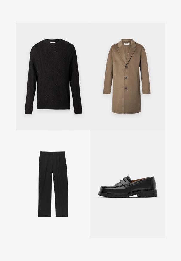 Bruine wollen overjas met een notch-lapel, drie knopen, zijzakken en een gladde textuur. Op maat gemaakte pasvorm met een klassiek ontwerp.; Zwarte lange mouw trui met een chevron breipatroon en geribde boorden en zoom, rond decolleté, weergegeven op een effen witte achtergrond.; Zwarte broeken met een recht model, gemaakt van een gladde stof. Voorzien van een voorplooien en een enkele knoopsluiting bij de taille.; Zwarte leren instappers hebben een verhoogde naad, twee decoratieve banden op de bovenkant en een dikke, gestructureerde zool voor extra grip.