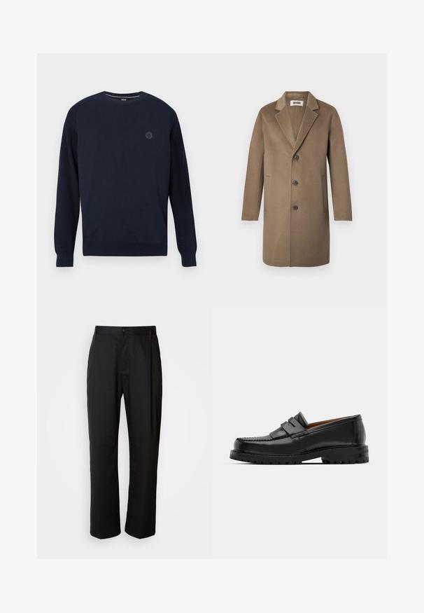 Rjav volnen plašč z izrezanim ovratnikom, tremi gumbi, stranskimi žepi in gladko teksturo. Prilegajoča se kroja s klasičnim dizajnom.; Mornarsko modra pulover s kratkimi rokavi iz pletenine, z rebrastimi manšeti in robom. Na prsih je krožni logotip.; Črne hlače s ravnim krojem, izdelane iz lahkega materiala. Imajo sprednje zapiranje na gumb in dva stranska žepa; gladka tekstura.; Črne usnjene loafersice imajo dvignjen šiv, dve dekorativni trakovi na zgornjem delu in debel strukturiran podplat za boljši oprijem.