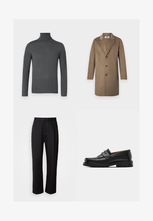 Manteau en laine brun avec un col cranté, trois boutons, poches latérales et une texture lisse. Coupe ajustée avec un design classique.; Pull en col roulé gris foncé à manches longues avec des poignets ajustés et une texture de tricot lisse et fin sur un fond blanc.; Pantalon noir à coupe droite, en tissu léger. Il dispose d'une fermeture à bouton sur le devant et de deux poches latérales ; texture lisse.; Des mocassins en cuir noir présentent une couture surélevée, deux sangles décoratives sur le dessus et une semelle épaisse et texturée pour une meilleure adhérence.