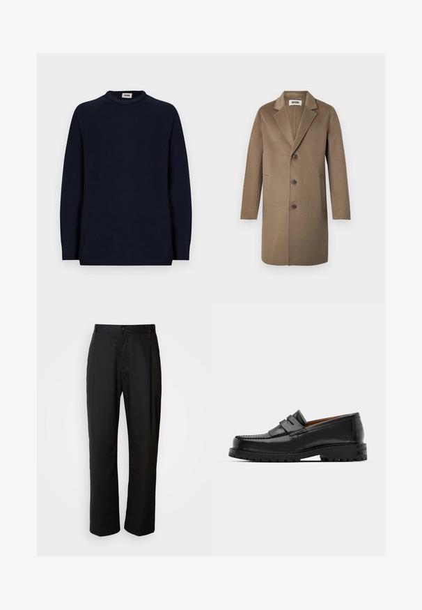 Manteau en laine brun avec un col cranté, trois boutons, poches latérales et une texture lisse. Coupe ajustée avec un design classique.; Pull à col rond bleu marine à manches longues avec une petite étiquette blanche à l'intérieur du col indiquant "DRYKORN."; Pantalon noir à coupe droite, en tissu léger. Il dispose d'une fermeture à bouton sur le devant et de deux poches latérales ; texture lisse.; Des mocassins en cuir noir présentent une couture surélevée, deux sangles décoratives sur le dessus et une semelle épaisse et texturée pour une meilleure adhérence.