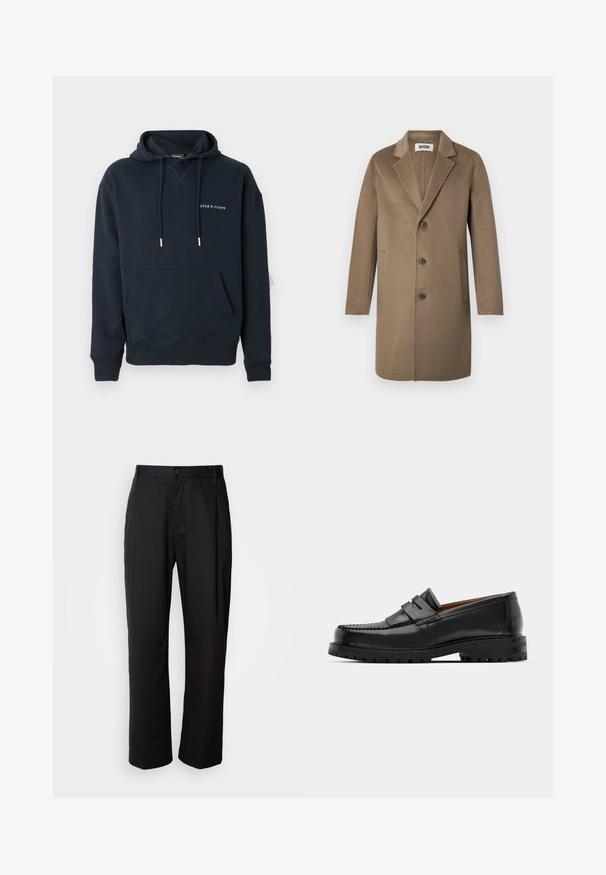Brun uldfrakke med slået krave, tre knapper, sidelommer og en glat tekstur. Skræddersyet pasform med et klassisk design.; Marineblå hættetrøje lavet af bomuld, med en kængurulomme og hvidt trykt logo på brystet, samt sølvfarvede snøre detaljer.; Sorte bukser med lige snit, lavet af letvægtsstof. Har en forreste knaplukning og to sidelommer; glat tekstur.; Sorte læder loafers har en forhøjet søm, to dekorative remme på overdelen og en tyk struktureret sål for bedre greb.