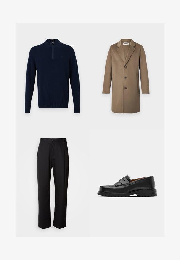 Brown wool overcoat with a notched lapel, three buttons, side pockets, and a smooth texture. Tailored fit with a classic design.; Navy blue long-sleeve knit sweater with ribbed collar, cuffs, and hem, featuring a short front zipper with a round pull tab.; Black trousers with a straight cut, made of lightweight fabric. Features a front button closure and two side pockets; smooth texture.; Black leather loafers feature a raised seam, two decorative straps on the upper, and a thick textured sole for added grip.