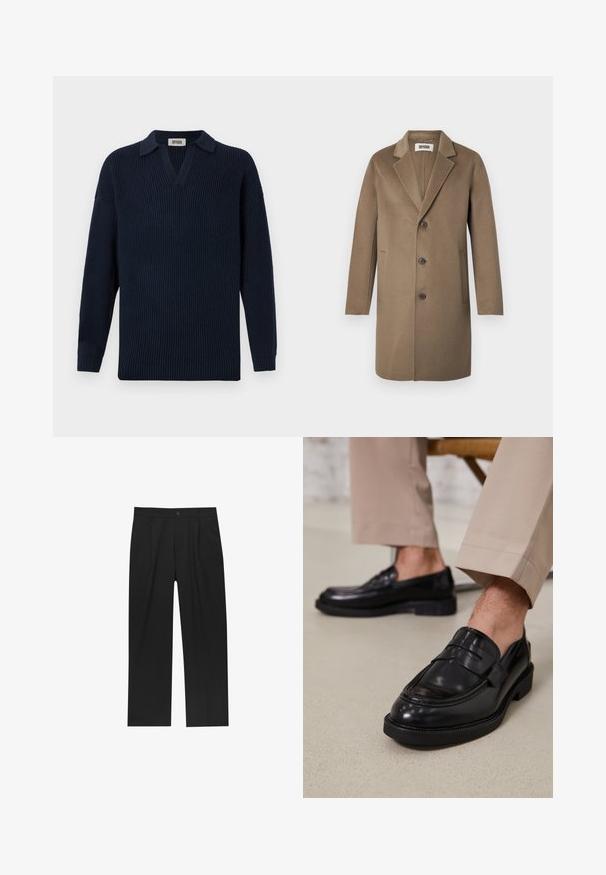 Brązowy wełniany płaszcz z wykładanym kołnierzem, trzema guzikami, bocznymi kieszeniami i gładką teksturą. Dopasowany krój o klasycznym wzornictwie.; Niebieski sweter ze splotem w prążki, z dekoltem w kształcie litery V, krótkim kołnierzykiem i długimi rękawami. Wykonany z miękkiego materiału o teksturowanym wykończeniu.; Czarne spodnie o prostym kroju, wykonane z gładkiego materiału. Posiadają zakładki z przodu i pojedyncze zapięcie na guziki w pasie.; Czarne skórzane mokasyny o gładkim wykończeniu, z dekoracyjnym paskiem i kontrastowym szwem, w połączeniu z beżowymi spodniami.