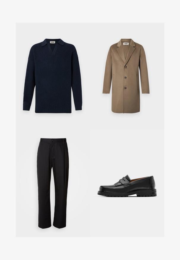 Ruskea villa-alusviitta, jossa on leikkauslapelilla, kolme nappia, sivutaskut ja sileä pinta. Muotoiltu istuvuus klassisella muotoilulla.; Laivastonsininen ribbineulepaita, jossa on V-pääntie, lyhyt kaulus ja pitkät hihat. Valmistettu pehmeästä materiaalista, jossa on teksturoitu pinta.; Mustat suorat housut, jotka on valmistettu kevyestä kankaasta. Varustettu edessä nappikiinnityksellä ja kahdella sivutaskulla; sileä pinta.; Mustat nahka loafit sisältävät kohoavan sauman, kaksi koristeellista nauhaa yläosassa ja paksun teksturoidun pohjan parempaa pitoa varten.