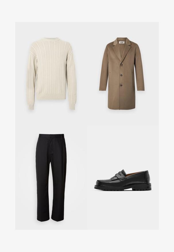 Rjav volnen plašč z izrezanim ovratnikom, tremi gumbi, stranskimi žepi in gladko teksturo. Prilegajoča se kroja s klasičnim dizajnom.; Svetlo bež pletena jopica z rebrasto teksturo, z navpičnimi črtami, okrog limbo in rebrastimi manšetami ter roba.; Črne hlače s ravnim krojem, izdelane iz lahkega materiala. Imajo sprednje zapiranje na gumb in dva stranska žepa; gladka tekstura.; Črne usnjene loafersice imajo dvignjen šiv, dve dekorativni trakovi na zgornjem delu in debel strukturiran podplat za boljši oprijem.