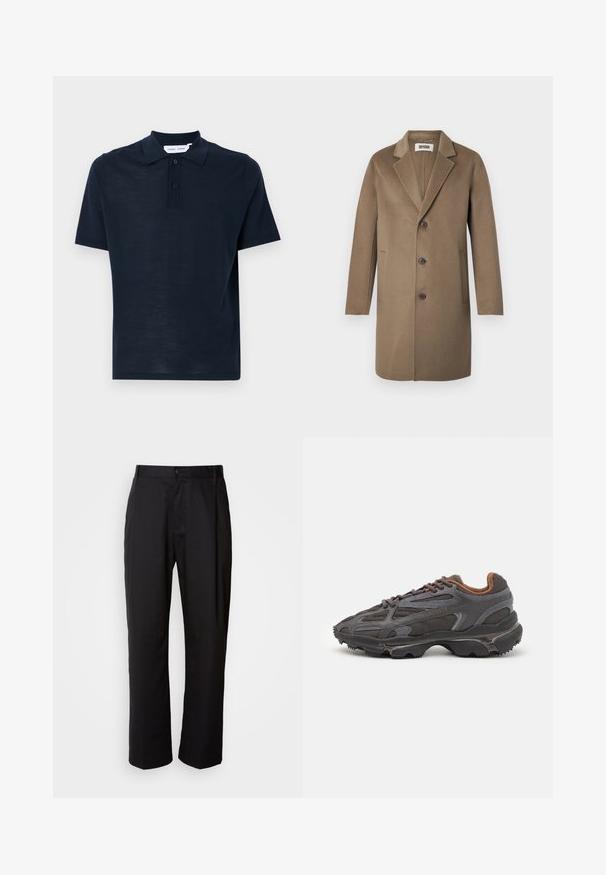 Brun uldfrakke med slået krave, tre knapper, sidelommer og en glat tekstur. Skræddersyet pasform med et klassisk design.; Marineblå polo skjorte i blødt materiale, korte ærmer, klassisk krave, tre-knaps lukning og en afslappet pasform.; Sorte bukser med lige snit, lavet af letvægtsstof. Har en forreste knaplukning og to sidelommer; glat tekstur.; Lacoste sneakers i mørkegrå med mesh og syntetisk materiale, udstyret med en tekstureret sål og brune accenter på kraven og brandingen.