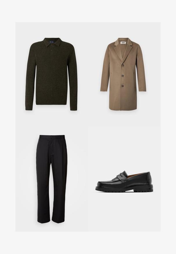 Palton din lână maro, cu rever tăiat, trei butoane, buzunare laterale și o textură netedă. Croială ajustată cu un design clasic.; Pulover polo lung cu mânecă lungă, de culoare verde, cu un finisaj texturat, guler cu două nasturi și manșete ribbate. Design simplu și clasic, potrivit pentru ținute casual.; Pantaloni negri cu croi drept, realizați din țesătură ușoară. Prezintă un închidere cu buton în față și două buzunare laterale; textură netedă.; Mocasinii din piele neagră au o cusătură ridicată, două bare decorative pe partea superioară și o talpă groasă texturată pentru o aderență suplimentară.