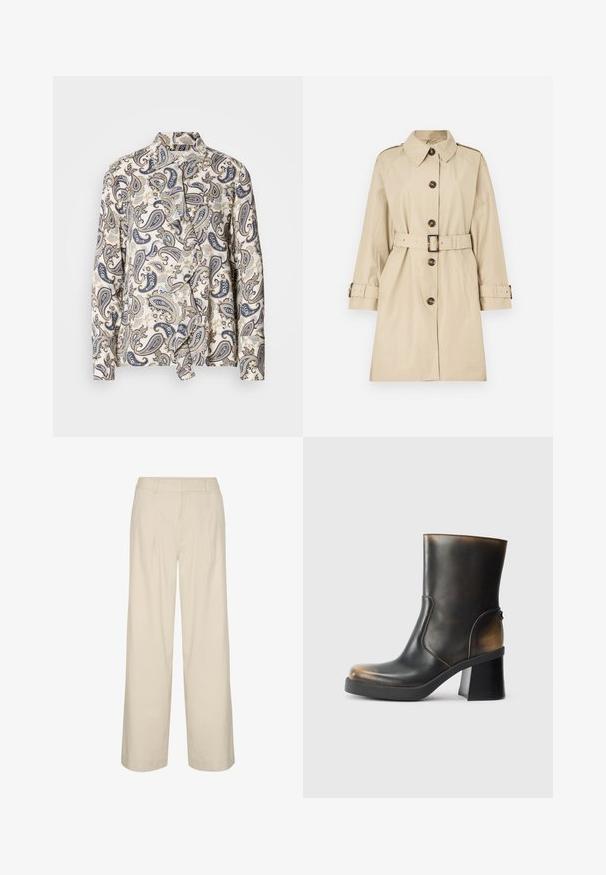 Beige trenchcoat van een katoenmix, met een riem, grote knopen en steekzakken. Klassieke kraag en lange mouwen met verstelbare banden.; Geweven blouse met een paisley-design in marineblauw, beige en lichtblauw, gemaakt van lichtgewicht stof met een verborgen knoopsluiting en kraag.; Beige wijde pijpenbroek van een linnenmix, met een hoge taille, plooien en een gladde textuur. Geen zichtbare hardware of patronen.; Zwarte leren enkellaars met een glanzende afwerking, ronde neus, contrasterende tan accenten, een blokhak en een rits aan de zijkant.
