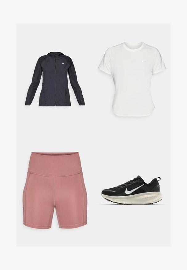 Schwarze leichte Jacke mit Kapuze, durchgehendem Reißverschluss, zwei Seitentaschen und kontrastierenden schwarzen Einsätzen an Schultern und Ärmeln.; Nike T-Shirt in Weiß, mit kurzen Ärmeln und rundem Kragen, aus einem glatten, leichten Stoff gefertigt. Verfügt über ein dezentes Logo auf der Brust.; Under Armour MIDDIE SHORT - Tights - maroon mist/dark maroon; Schwarzer Nike-Laufschuh mit atmungsaktivem Mesh-Obermaterial, weißem Swoosh-Logo, strukturierten Details und einer cremefarbenen ZoomX-Zwischensohle.