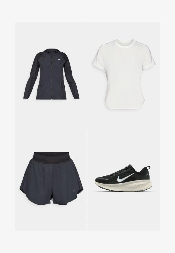 Melns viegls mētelis ar kapuci, pilna rāvējslēdzēja aizdare, divas sānu kabatas un kontrastējoši melni paneļi plecos un piedurknēs.; Nike t-krekls baltā krāsā, īsām piedurknēm, ar apaļu kakla izgriezumu, izgatavots no gludas, vieglas auduma. Uz krūtīm ir diskreta logo.; Melni sporta šorti ar mīkstu elastīgu jostasvīru, brīvu piegriezumu, nelieliem krokām sānos un mazu logo apakšējā priekšpusē.; Melnas Nike skriešanas kurpes ar elpojošu acs augšdaļu, baltu Swoosh logotipu, strukturētu apdari un krēmkrāsas ZoomX starpsole.