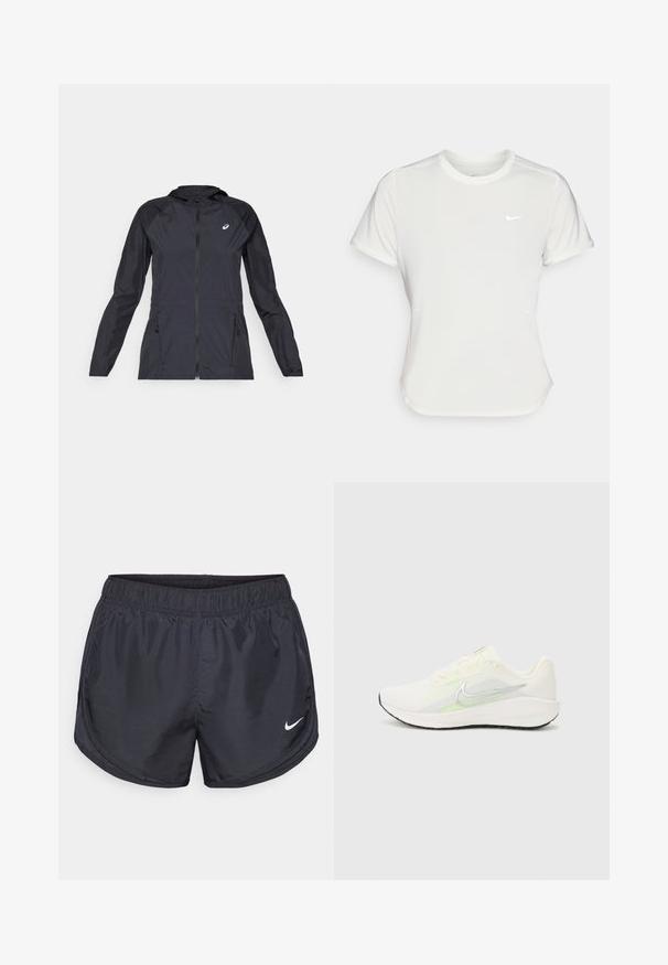 Crna lagana jakna s kapuljačom, punim zatvaračem, dva bočna džepa i kontrastne crne panele na ramenima i rukavima.; Nike majica u bijeloj boji, kratkih rukava, okruglog izreza, izrađena od glatkog, laganog materijala. Sadrži diskretni логотип na prsima.; Crne sportske kratke hlače s elastičnom pupčanom trakom, izrađene od laganog materijala, s malim bijelim Nike logom na donjoj lijevoj strani.; Nike Performance DOWNSHIFTER 13 - Tenisice za cestovno trčanje - sail/silver-coloured photon dust/summit white/barely volt/black