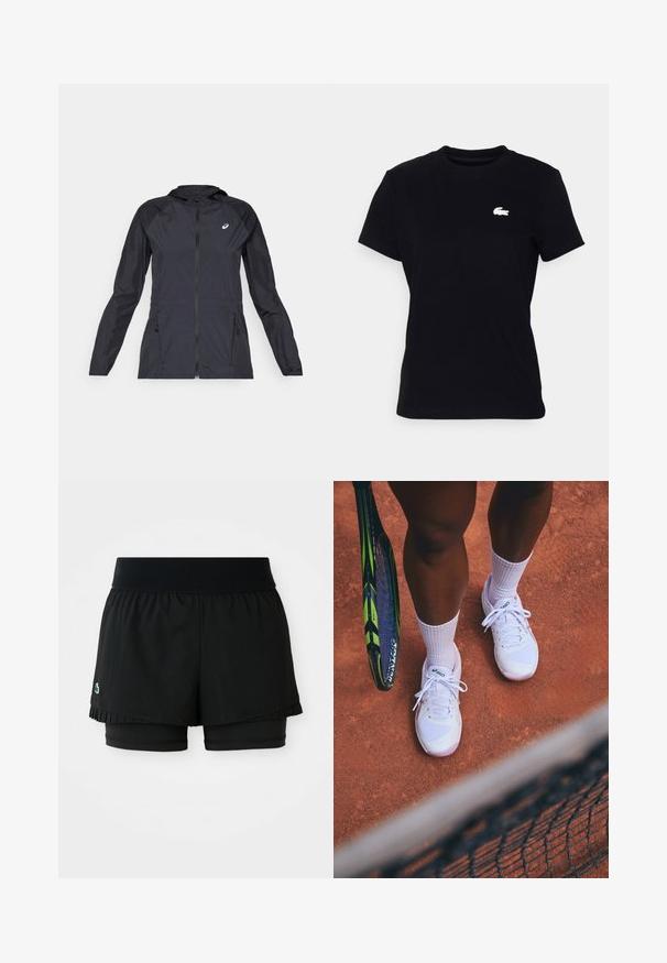 Giacca leggera nera con cappuccio, zip intera, due tasche laterali e pannelli neri a contrasto sulle spalle e sulle maniche.; T-shirt in cotone nero con maniche corte e collo rotondo, con un piccolo logo bianco Lacoste posizionato sul lato sinistro del petto.; Pantaloni sportivi neri con uno strato esterno plissettato e pantaloni interni aderenti. Presentano un cinturino a coste per comfort e flessibilità.; Scarpe da tennis bianche con pannelli in rete e dettagli rosa, abbinate a calze bianche, posizionate su un campo in terra rossa con una racchetta da tennis nelle vicinanze.