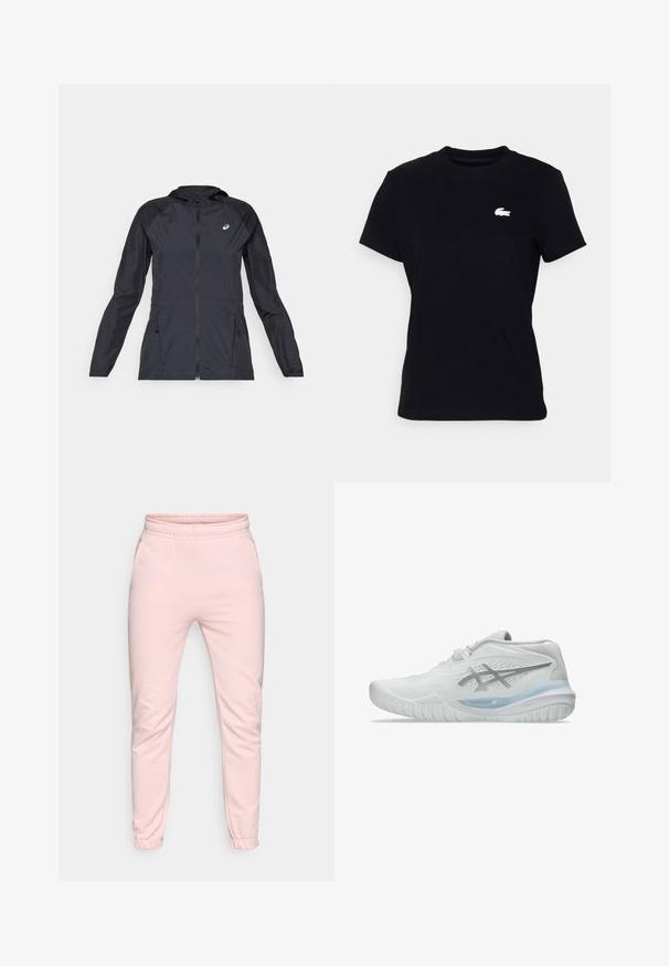 Svart lett jakke med hette, hel glidelås, to sidelommer og kontrasterende svarte paneler på skuldrene og ermene.; Svart bomull T-skjorte med korte ermer og rund hals, med en liten hvit Lacoste-logo plassert på venstre bryst.; Lys rosa joggebukser laget av myk stoff, med elastisk midje, smalere ben og elastiske mansjetter ved anklene. To sidelommer.; Hvite joggesko med en teksturert overdel, som har en gjennomskinnelig blå såle og subtle gråmerker på siden. Rund tå og lav profil.