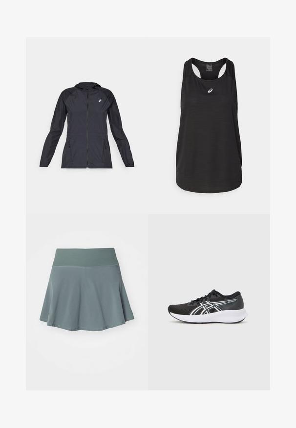 Casaco leve preto com capuz, zíper completo, dois bolsos laterais e painéis pretos contrastantes nos ombros e mangas.; Camisola de treino preta feita de tecido leve. Apresenta um decote redondo, design de alças cruzadas e um pequeno logótipo branco na frente.; Saia evasê feita de um tecido suave e macio na cor verde-água suave. Apresenta uma cintura larga e elástica, com detalhes de costura discretos.; Sapatos atléticos pretos com um cabedal em malha texturizada, detalhes brancos e uma sola branca almofadada. Apresenta um logótipo na lateral e cordões.