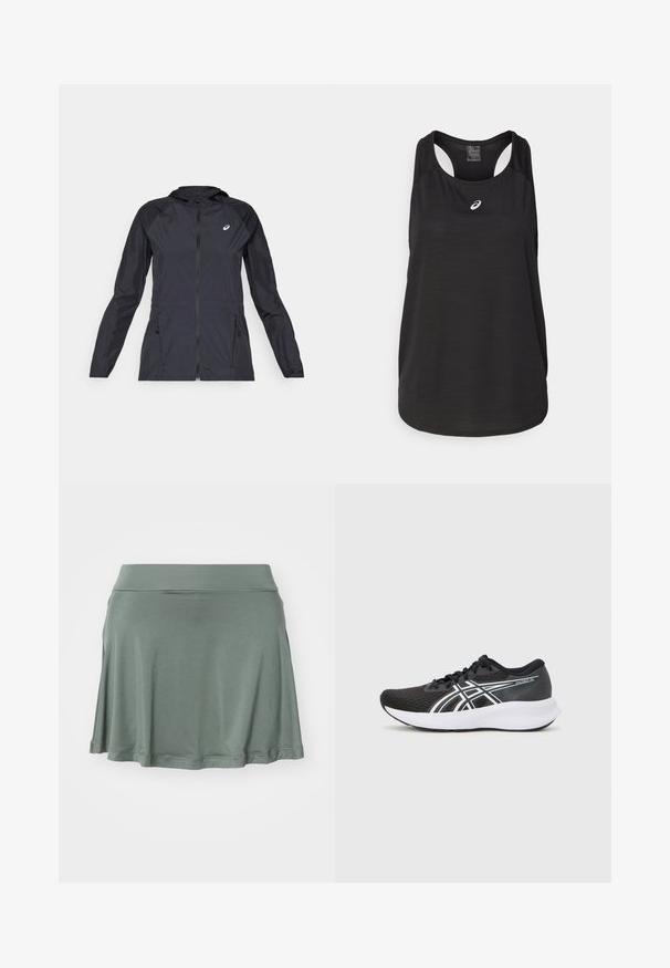 Fekete, könnyű dzseki kapucnival, teljes cipzárral, két oldalsó zsebbel és kontrasztos fekete panelek a vállakon és a ujjakon.; Fekete sportos ujjatlan felső, könnyű anyagból készült. Kerek nyakú, hátsó pántos kialakítással és egy kis fehér logóval a frontrészen.; Zöld, harang szabású szoknya puha anyagból. Rugalmas derékkal és sima textúrával rendelkezik. Egyszerű dizájn, minta vagy kiemelés nélkül.; Fekete sportcipő textúrált hálós felsőrésszel, fehér akcentussal és párnázott fehér talppal. Az oldalon logóval és fűzőkkel rendelkezik.