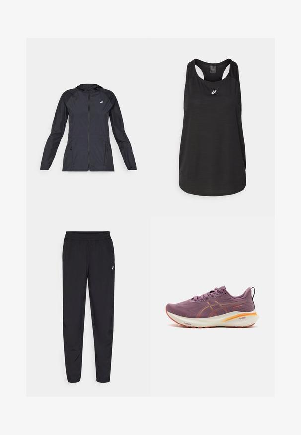 Giacca leggera nera con cappuccio, zip intera, due tasche laterali e pannelli neri a contrasto sulle spalle e sulle maniche.; Canotta atletica nera realizzata in tessuto leggero. Presenta un colletto rotondo, un design con schiena a racer e un piccolo logo bianco sulla parte anteriore.; Pantaloni sportivi neri con vita elastica, gambe affusolate con polsini, realizzati in un materiale leggero e liscio, con un piccolo logo sulla coscia.; Scarpa da corsa viola con tomaia testurizzata, accenti arancioni, suola ammortizzata e un logo prominente sul lato. Presenta lacci e una linguetta sul tallone.