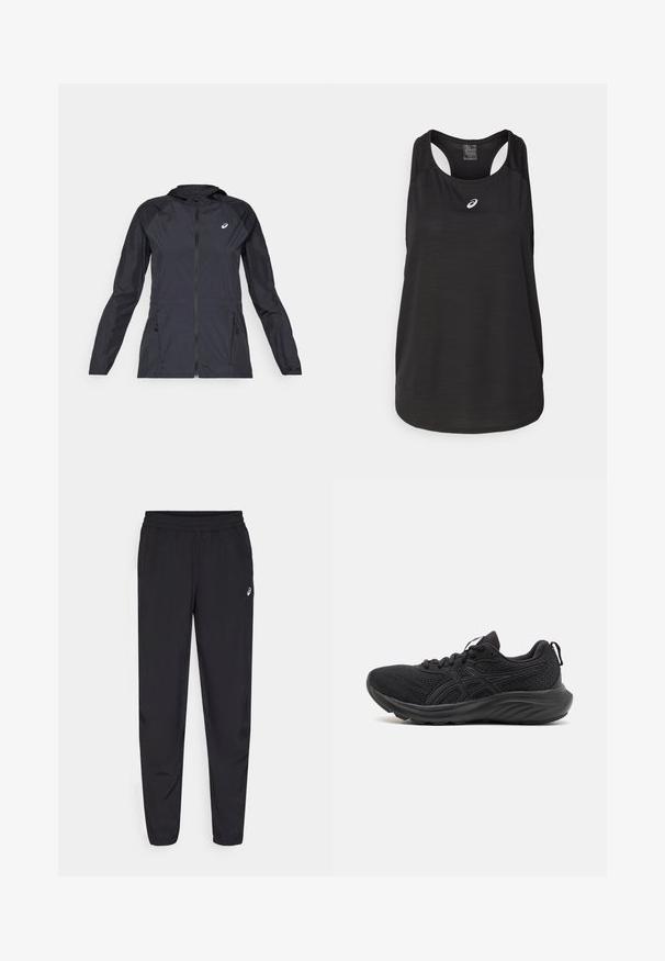Jachetă ușoară neagră cu glugă, fermoar complet, două buzunare laterale și panouri contrastante negre pe umeri și mâneci.; Top sport negru dintr-un material ușor. Dispune de un decolteu rotund, un design cu spatele încrucișat și un mic logo alb pe față.; Pantaloni sport negri, cu talie elastică, picioare tapered cu manșete, confecționați dintr-un material ușor și neted, cu un logo mic pe coapsă.; Pantofi sport negri cu un material superior din plasă respirabilă, talpă structurată, vârf rotund și o suprafață texturată. Prezintă șireturi negre și detalii cu logo.