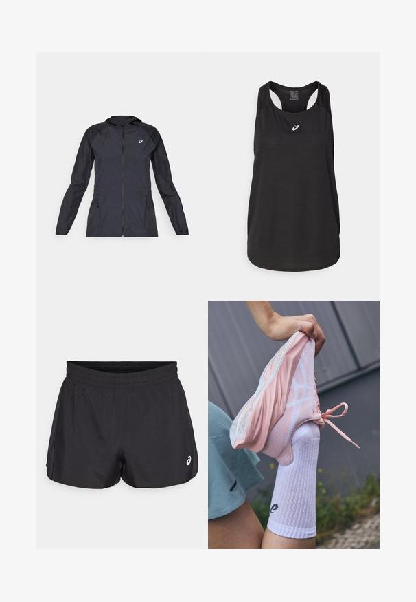 Giacca leggera nera con cappuccio, zip intera, due tasche laterali e pannelli neri a contrasto sulle spalle e sulle maniche.; Canotta atletica nera realizzata in tessuto leggero. Presenta un colletto rotondo, un design con schiena a racer e un piccolo logo bianco sulla parte anteriore.; Pantaloni sportivi neri con elastico in vita, tessuto liscio, orlo curvo e dettagli in rete laterali. Presentano un piccolo logo sul fronte.; Scarpa atletica rosa chiaro con sovrapposizioni in rete e solide, suola rialzata e dettagli bianchi, abbinata a una calza bianca rigata con un logo.