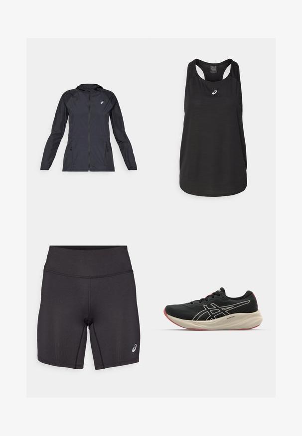 Black lightweight jacket with a hood, full zipper, two side pockets, and contrasting black panels on shoulders and sleeves.; Black athletic tank top made of lightweight fabric. Features a round neckline, racerback design, and a small white logo on the front.; Black athletic shorts with a smooth texture, fitted design, and a high waistband. Features contrasting stitching and a small logo on the lower leg.; Black running shoe with a mesh upper and white accents. Features a cushioned midsole and red outsole detail. Lightweight design.