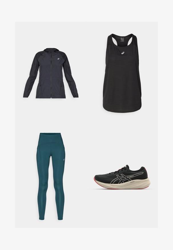 Juoda lengva striukė su kapišonu, pilnu užtrauktuku, dviem šoninėmis kišenėmis ir kontrastingomis juodomis dalimis ant pečių ir rankovių.; Juodas sportinis marškinėlis be rankovių, pagamintas iš lengvos medžiagos. Turi apvalų iškirpimą, lenktą nugarą ir mažą baltą logotipą priekyje.; Žalios aukšto liemens leggingės, pagamintos iš elastingos medžiagos, su kreivu juosmeniu, šonine kišenė ir subtiliu logotipo akcentu arčiau klubo.; Juodas bėgimo batelis su tinklinio audinio viršutine dalimi ir baltais akcentais. Yra paminkštintas tarpiklis ir raudona pado detalė. Lengvas dizainas.