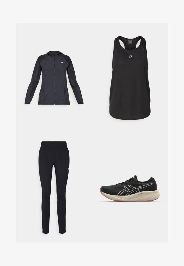 Black lightweight jacket with a hood, full zipper, two side pockets, and contrasting black panels on shoulders and sleeves.; Black athletic tank top made of lightweight fabric. Features a round neckline, racerback design, and a small white logo on the front.; Black leggings with a high waistband, made from stretchy material, featuring a small white logo accent on the lower left side.; Black running shoe with a mesh upper and white accents. Features a cushioned midsole and red outsole detail. Lightweight design.