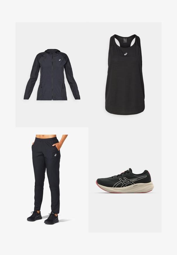 Veste légère noire avec capuche, fermeture éclair intégrale, deux poches latérales et panneaux noirs contrastants sur les épaules et les manches.; Débardeur de sport noir en tissu léger. Présente un col rond, un design dos nageur et un petit logo blanc à l'avant.; ASICS CORE WOVEN PANT - Pantalon de survêtement - performance black; Chaussure de course noire avec un dessus en maille et des accents blancs. Caractéristiques d'une semelle intermédiaire rembourrée et d'un détail de semelle extérieure rouge. Design léger.