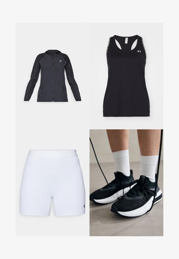 Black lightweight jacket with a hood, full zipper, two side pockets, and contrasting black panels on shoulders and sleeves.; Black athletic tank top with a scoop neckline and racerback design. Features logo and patterned straps. Made from lightweight, breathable material.; White shorts with a smooth, stretchy fabric. Features a solid waistband with embossed text and a small logo on the lower side.; Black athletic shoes with textured fabric, white sole, and black laces. Worn with white ribbed socks, standing on a light surface.