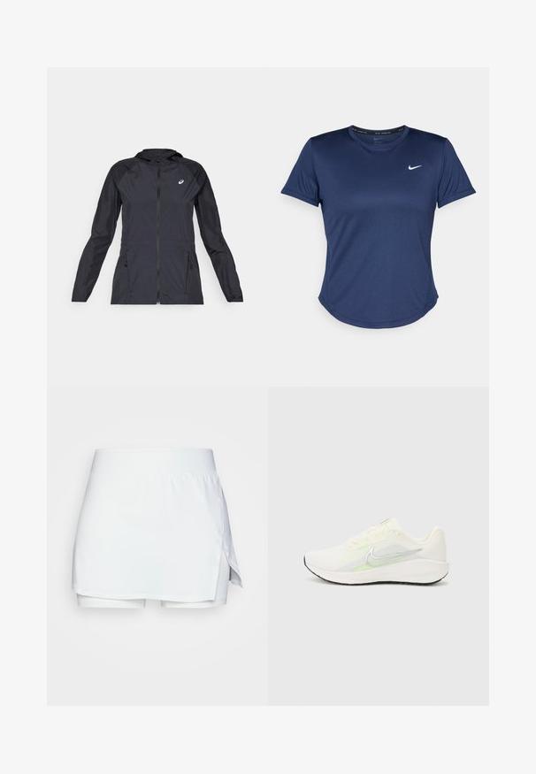 Melns viegls mētelis ar kapuci, pilna rāvējslēdzēja aizdare, divas sānu kabatas un kontrastējoši melni paneļi plecos un piedurknēs.; Jūras zila sporta T-krekls ar īsām piedurknēm, apaļu kakla izgriezumu un Nike logo uz krūtīm. Izgatavots no gludas, vieglas auduma.; Balta skorts ar mīkstu, elastīgu audumu. Tam ir augsta josta un sānu šķēlums. Iekļauj iebūvētas šortus papildu aizsardzībai un komfortam.; Nike Performance DOWNSHIFTER 13 - Apavi skriešanai pa asfaltu - sail/silver-coloured photon dust/summit white/barely volt/black