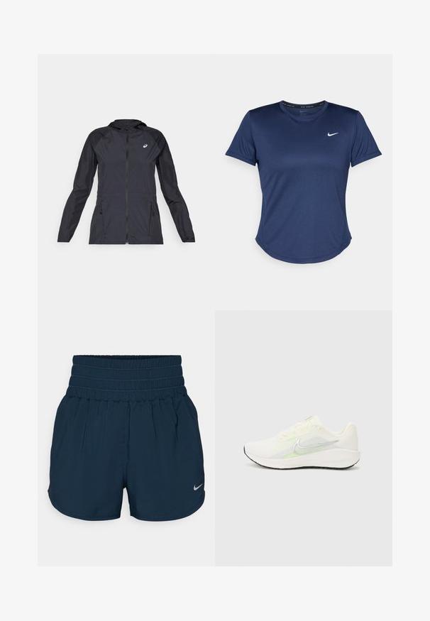 Črna lahka jakna s kapuco, popolnim zadrgo, dvema stranskima žepoma in kontrastnimi črnimi paneli na ramenih in rokavih.; Temno modra športna majica s kratkimi rokavi, okroglim izrezom in logotipom Nike na prsih. Narejena iz gladkega, lahkega materiala.; Nike Performance ONE - Športne kratke hlače - armory navy/reflective silver; Nike Performance DOWNSHIFTER 13 - Tekaški copati za cesto - sail/silver-coloured photon dust/summit white/barely volt/black
