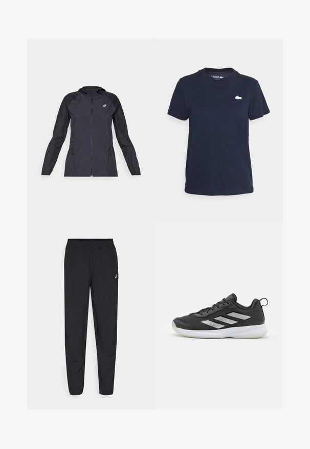 Casaco leve preto com capuz, zíper completo, dois bolsos laterais e painéis pretos contrastantes nos ombros e mangas.; T-shirt de algodão azul marinho com decote redondo e mangas curtas. Apresenta um pequeno logo branco da Lacoste no lado esquerdo do peito. Textura suave.; Calças desportivas pretas com um cós elástico, pernas ajustadas com punhos, feitas de um material leve e suave, e um pequeno logotipo na coxa.; Sapatilha atlética preta com parte superior de malha respirável, detalhes prateados refletivos e sola de borracha branca almofadada. Design com atacadores.