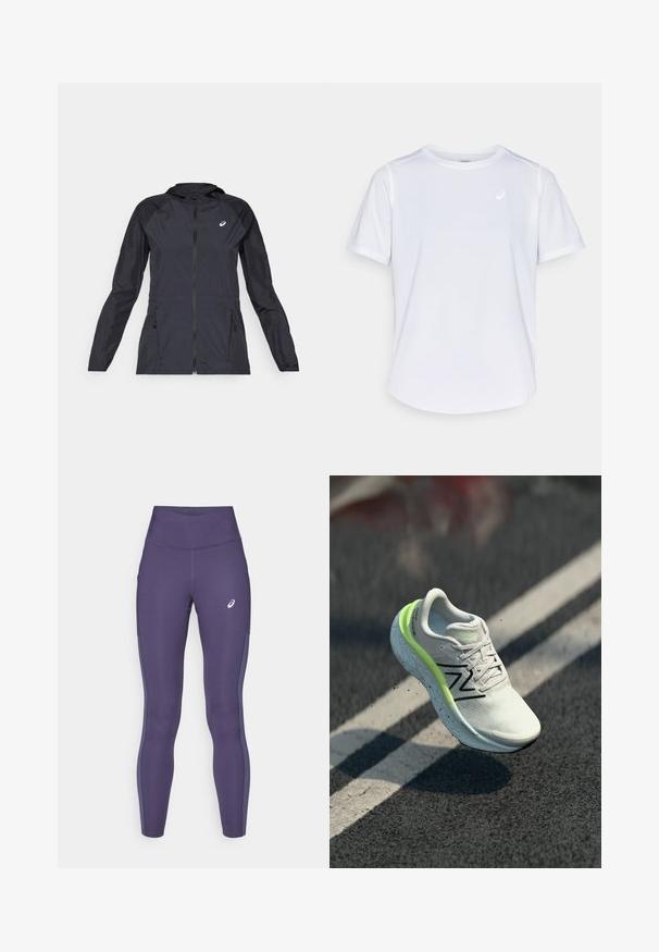 Zwarte lichtgewicht jas met capuchon, volle rits, twee zijzakken en contrasterende zwarte panelen op de schouders en mouwen.; Witte sportieve t-shirt, korte mouwen, ronde hals, gemaakt van vochtabsorberende stof, met een klein logo op de borst, lichtgewicht textuur.; ASICS CORE - Hardlooplegging - indigo fog; Witte en neon groene New Balance hardloopschoen in de lucht boven asfalt met witte lane marking.