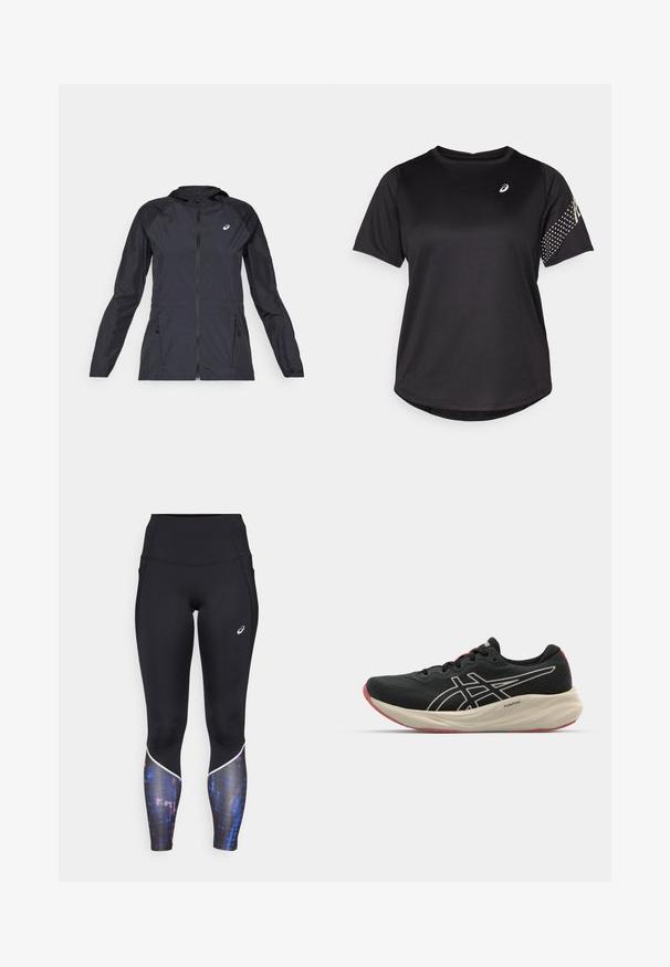 Schwarze leichte Jacke mit Kapuze, durchgehendem Reißverschluss, zwei Seitentaschen und kontrastierenden schwarzen Einsätzen an Schultern und Ärmeln.; Schwarzes Sport-T-Shirt, kurze Ärmel, runder Halsausschnitt, mit strukturiertem Stoff und gepunkteten Akzenten am rechten Ärmel. Logo auf der Brust.; Hochtaillierte schwarze Leggings mit einer figurschmeichelnden Passform, die ein bunt gemustertes Akzentmuster an den unteren Beinen und einen weißen Saum entlang der Nähte aufweisen.; Schwarzer Sportschuh mit einem Obermaterial aus Mesh und weißen Akzenten. Verfügt über eine gepolsterte Mittelsohle und ein rotes Außensohlen-Detail. Leichtes Design.