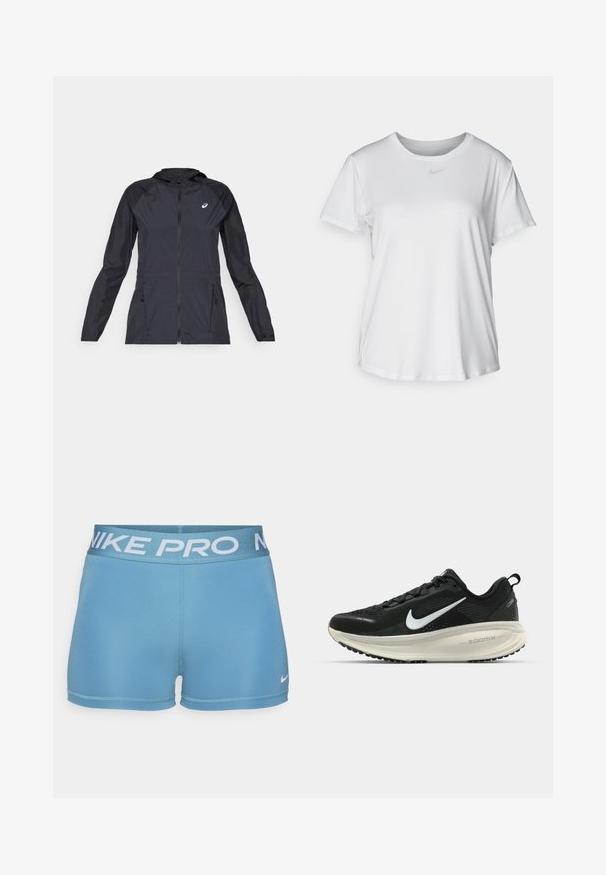 Czarna, lekka kurtka z kapturem, z pełnym zamkiem błyskawicznym, dwoma bocznymi kieszeniami oraz kontrastującymi czarnymi panelami na ramionach i rękawach.; Biała koszulka z krótkim rękawem, uszyta z gładkiego materiału, z okrągłym dekoltem i małym szarym logo Nike na piersi.; Niebieskie szorty sportowe wykonane z gładkiego, elastycznego materiału. Posiadają szeroki pas z napisem "NIKE PRO" w jasnoniebieskim kolorze oraz małym logo.; Czarna biegowa półbut z oddychającej siateczki, białym logo swoosh, teksturowanymi detalami oraz kremową podeszwą środkową ZoomX.