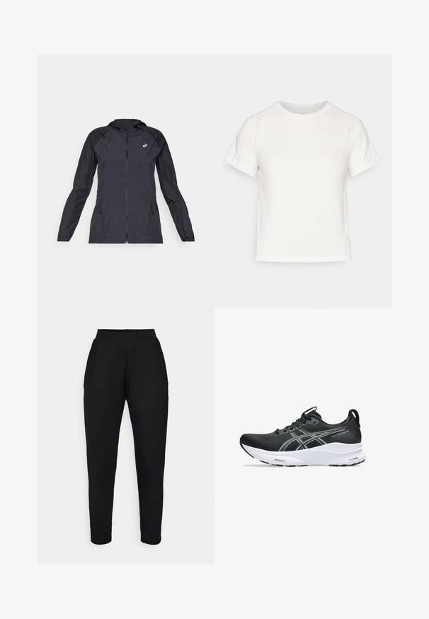 Černá lehká bunda s kapucí, plným zipem, dvěma bočními kapsami a kontrastními černými panely na ramenou a rukávech.; Lehká bílá tričko s krátkými rukávy, kulatým výstřihem a malým logem v levém horním rohu. Hladká tkanina s jemným leskem.; Černé zúžené kalhoty s elastickým pasem, které mají boční kapsy a hladkou, měkkou texturu. Vhodné pro volný čas nebo aktivní nošení.; Černé běžecké boty s prodyšným síťovaným svrškem, stříbrnými akcenty, decentním logem a silnou bílou mezipodešví pro odpružení. Černá gumová podešev.
