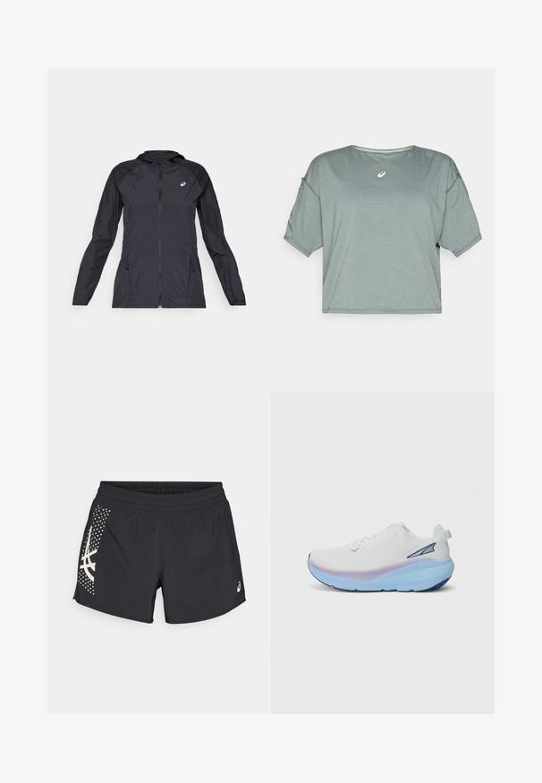 Black lightweight jacket with a hood, full zipper, two side pockets, and contrasting black panels on shoulders and sleeves.; ASICS NAGINO RUN TOP - Sports T-shirt - monument blue; Black athletic shorts with an elastic waistband and a logo. Side features a design with white accents and a dotted pattern.; White running shoe with a textured upper, featuring a gradient sole in blue and purple hues, and a small accent logo on the side.