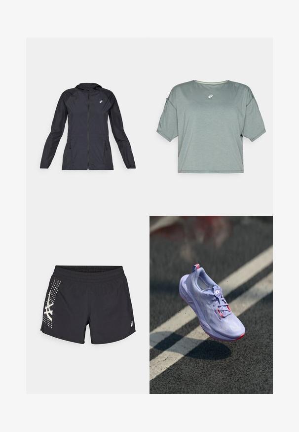 Chaqueta ligera negra con capucha, cremallera completa, dos bolsillos laterales y paneles negros en contraste en los hombros y las mangas.; ASICS NAGINO RUN TOP - Camiseta deportiva - monument blue; Bermudas atléticas negras con cintura elástica y un logo. Los lados presentan un diseño con acentos en blanco y un patrón de puntos.; Zapatilla de correr en tono púrpura claro con un upper texturizado, detalles en color rosa, un mecanismo de cordones redondo y una suela moteada, elevándose sobre un fondo de pavimento.