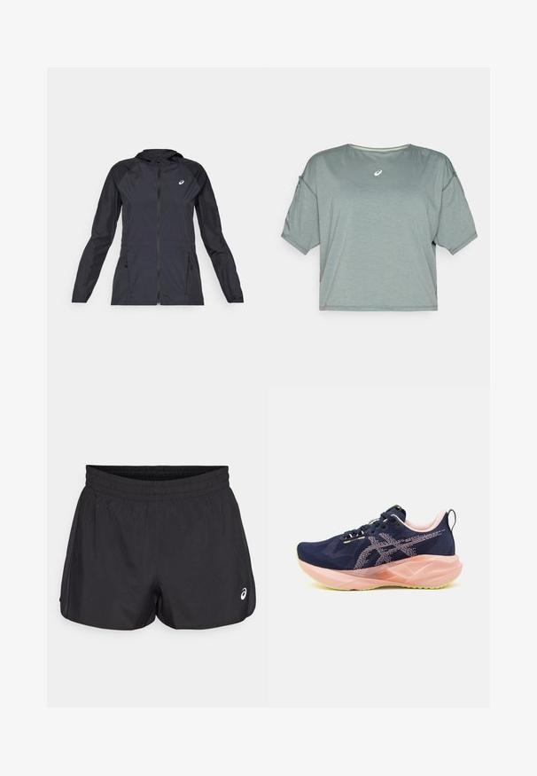 Črna lahka jakna s kapuco, popolnim zadrgo, dvema stranskima žepoma in kontrastnimi črnimi paneli na ramenih in rokavih.; ASICS NAGINO RUN TOP - Športne majice - monument blue; Črne atletske kratke hlače z elastičnim pasom, gladko teksturo, ukrivljenim robom in stranskimi mrežastimi detajli. Na sprednji strani vsebujejo majhen logo.; Mornarsko modri tekaški čevlji z mrežastim zgornjim delom, roza detajli in zelenim podplatom. Imajo značilno oblikovan podplat in vezalni dizajn.
