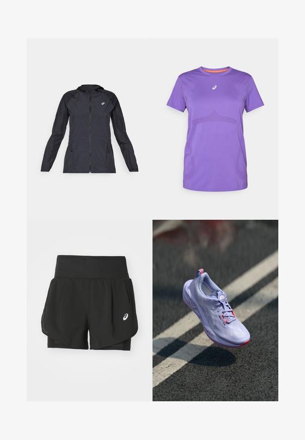 Czarna, lekka kurtka z kapturem, z pełnym zamkiem błyskawicznym, dwoma bocznymi kieszeniami oraz kontrastującymi czarnymi panelami na ramionach i rękawach.; Fioletowa koszulka sportowa wykonana z oddychającego materiału. Posiada okrągły dekolt, krótkie rękawy oraz subtelny tonacyjny wzór na przodzie.; Czarne szorty sportowe z przewiewną siateczkową nakładką, wewnętrznymi szortami o gładkiej fakturze i białym logo po lewej stronie.; Jasnofioletowy but do biegania z teksturowaną cholewką, różowymi akcentami, okrągłym mechanizmem sznurowania i nakropkowaną podeszwą, uniesiony nad tle chodnika.