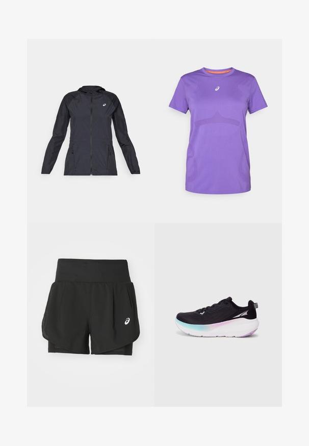 Black lightweight jacket with a hood, full zipper, two side pockets, and contrasting black panels on shoulders and sleeves.; Purple athletic t-shirt made from breathable fabric. Features a crew neck, short sleeves, and subtle tonal pattern on the front.; Black athletic shorts featuring a breathable mesh overlay, inner shorts with smooth texture, and a white logo on the left side.; Black running shoe with a lightweight mesh upper, gradient sole transitioning from light blue to purple, and reflective accents.