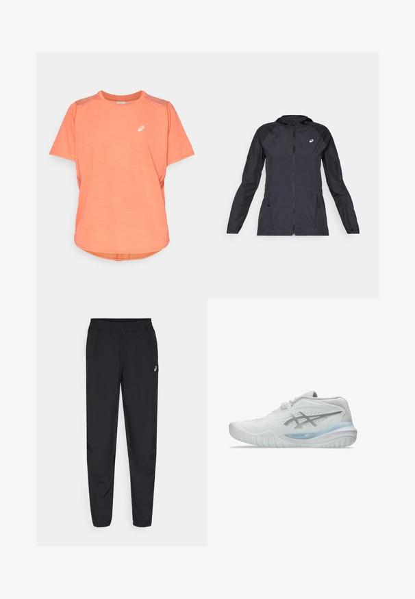 Svart lett jakke med hette, hel glidelås, to sidelommer og kontrasterende svarte paneler på skuldrene og ermene.; Kortermet treningsskjorte i lys oransje stoff, med rund hals, lett buet søm, og en liten hvit logo på brystet.; Svart idrettsbukser med elastisk linning, smale ben med mansjetter, laget av et lett og glatt materiale, med en liten logo på låret.; Hvite joggesko med en teksturert overdel, som har en gjennomskinnelig blå såle og subtle gråmerker på siden. Rund tå og lav profil.